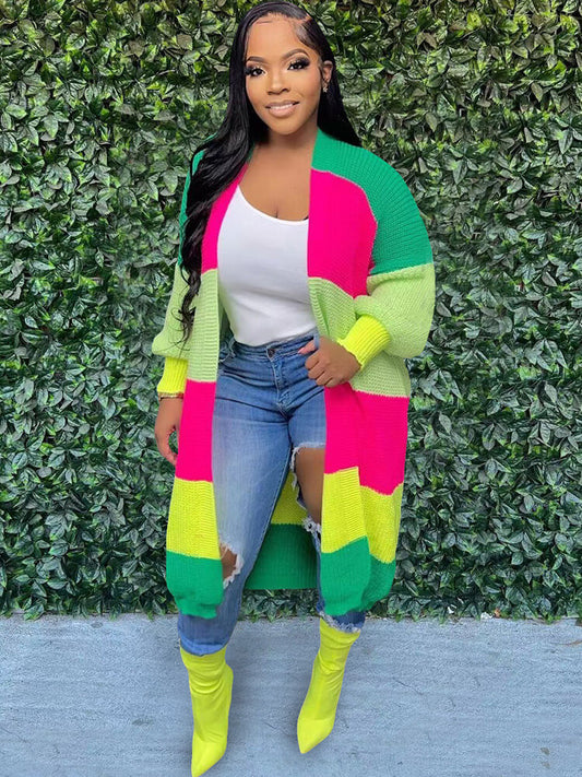 Knit Long Sleeve Color Block Bodycon Cardigan