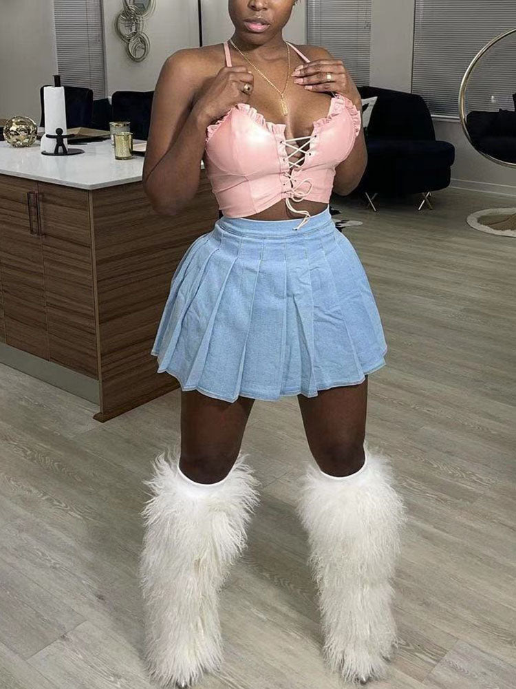 Minifaldas plisadas de cintura alta de mezclilla