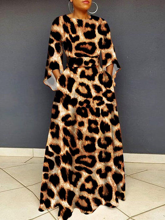 Long Sleeve Leopard Bodycon Maxi Dress
