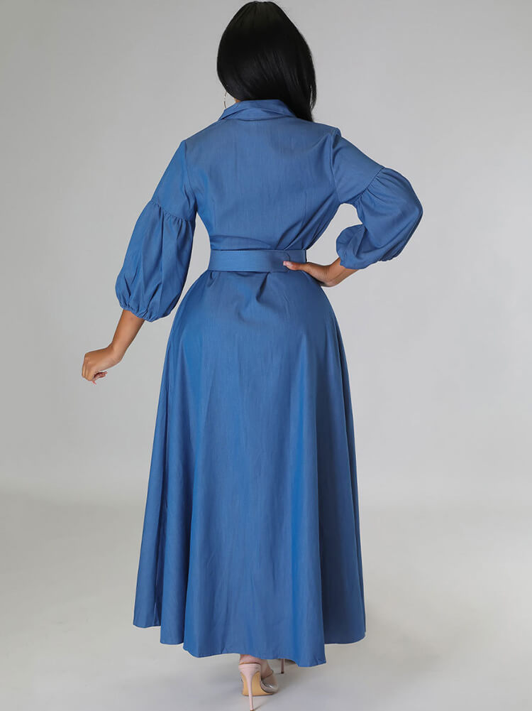 Vestidos largos ajustados con manga farol de mezclilla