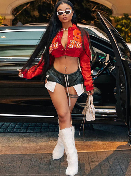 PU Patchwork Long Sleeves Baseball Jacket