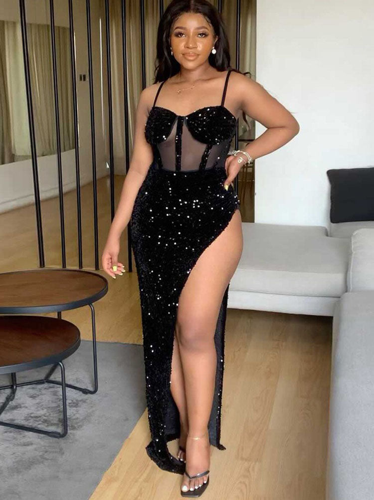 Lentejuelas Terciopelo Sin mangas Dividir Maxi Vestidos