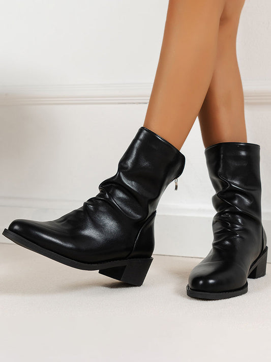 PU Leather Solid Color Ruched Anklet Boots