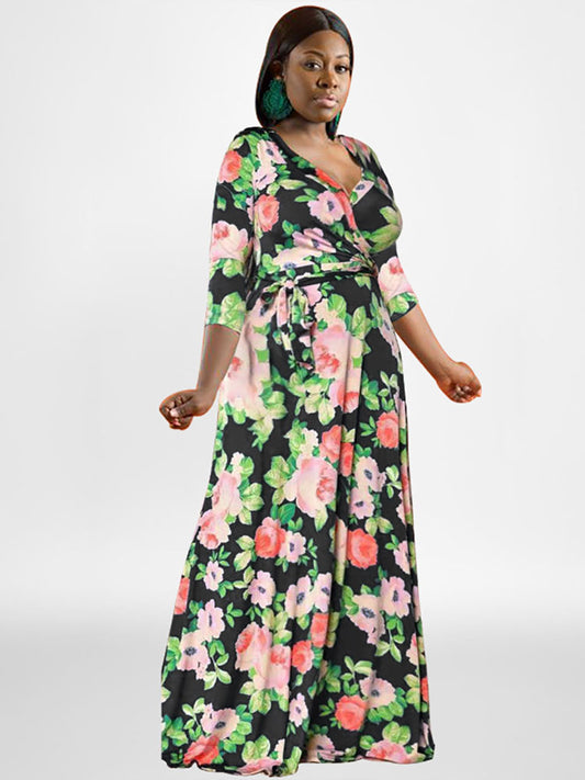 Plus Size Long Sleeves Floral Print Maxi Dress