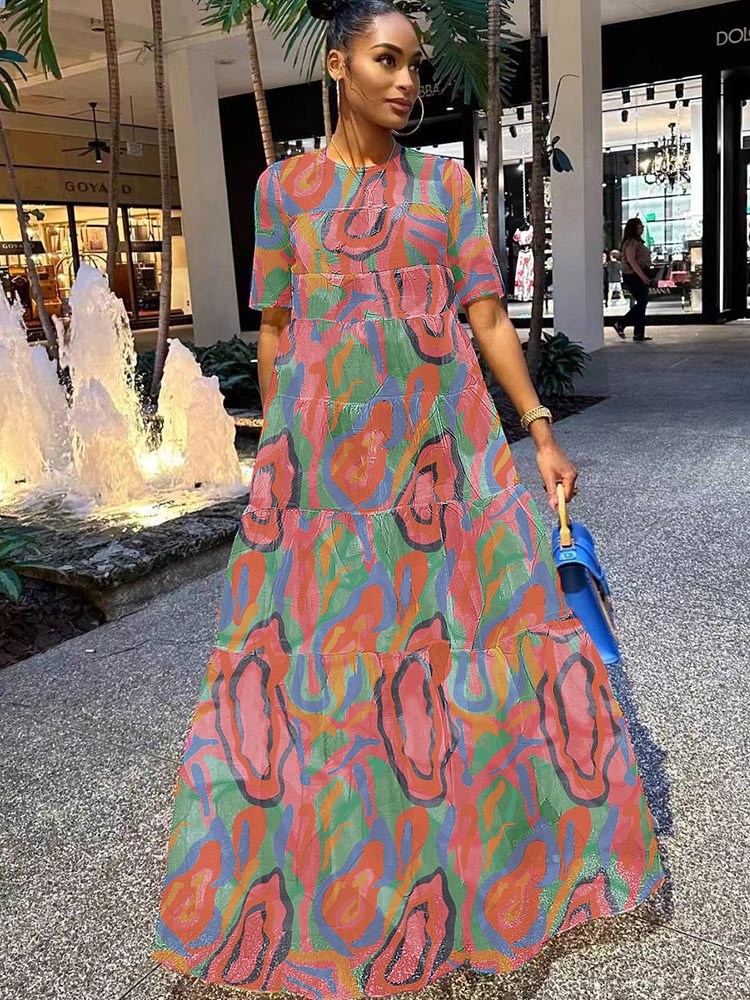 Vestidos largos fluidos con estampado de manga corta de malla