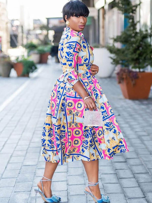 Long Sleeve V Neck Floral Print Midi Dress
