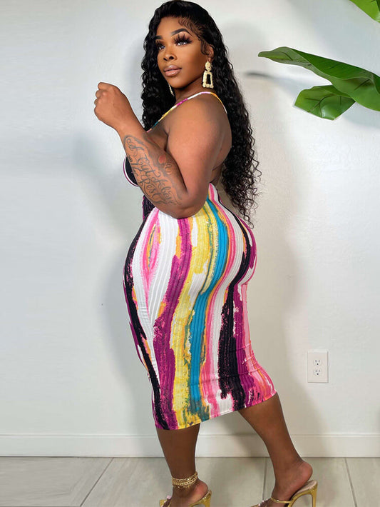 Spaghetti Strap Tie Dye Backless Midi Dress