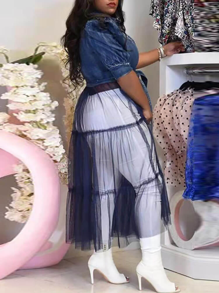 Denim Mesh Patchwork Short Sleeve Top