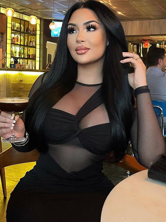 Vestidos largos de manga larga con retazos de malla