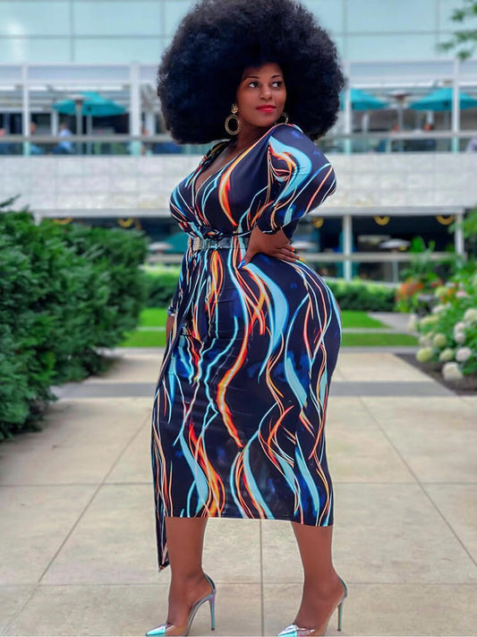 Long Sleeve Striped Print Midi Dress