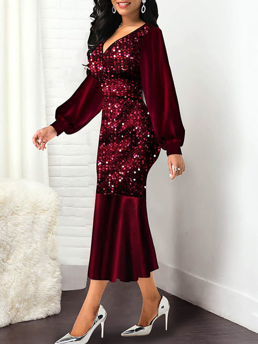 Lantern Sleeve Sequin Patchwork Midi Dress
