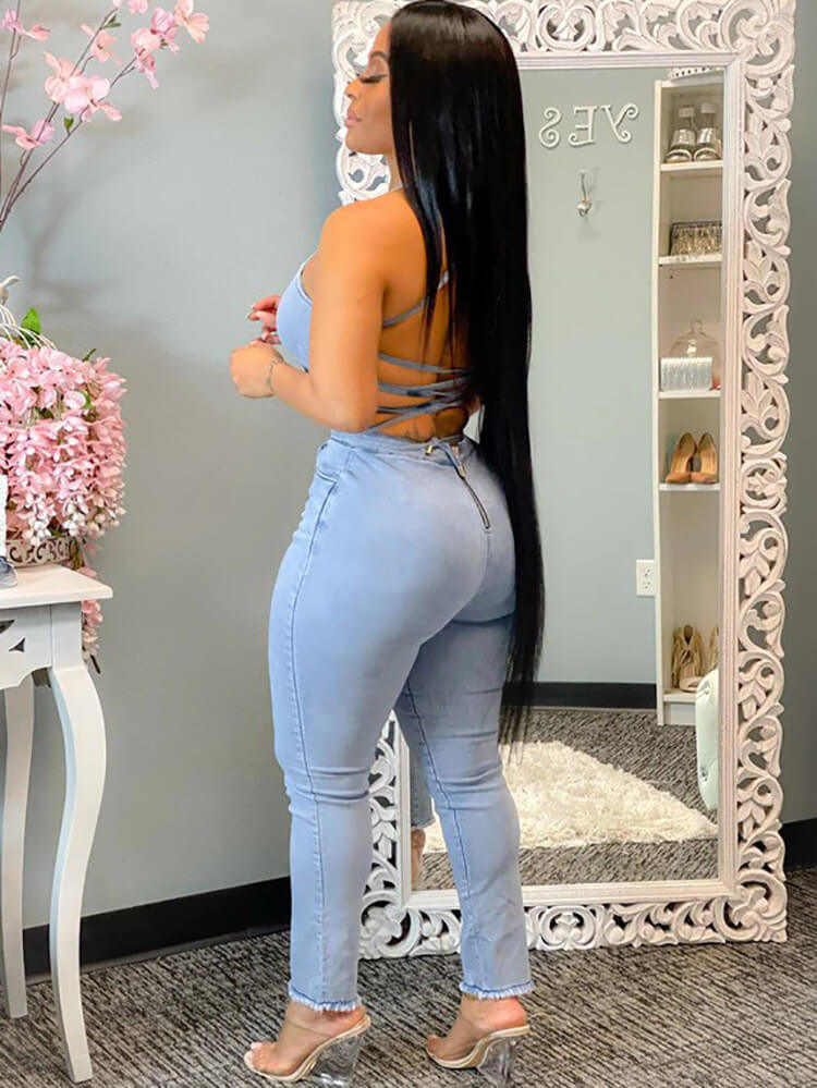 Denim Halter Neck Backless Bodycon Jumpsuit