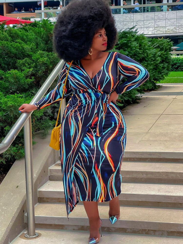 Long Sleeve Striped Print Midi Dress