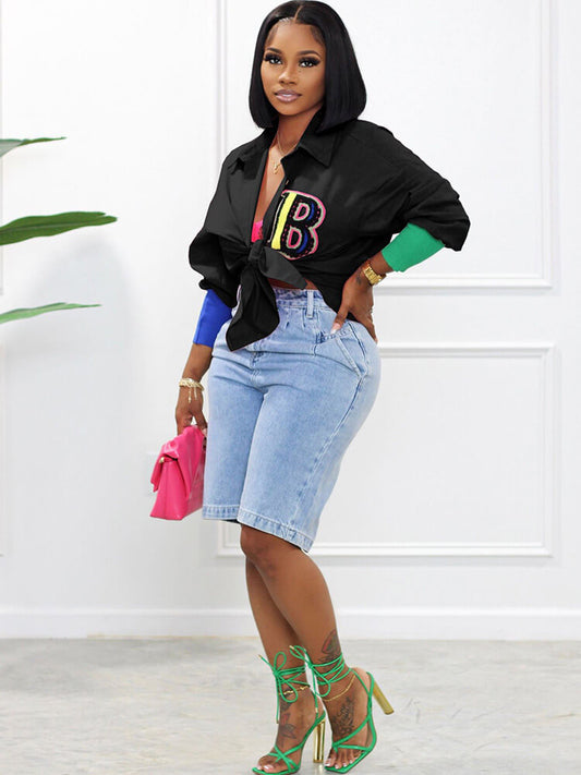 Long Sleeve Patchwork Button Blouse Top