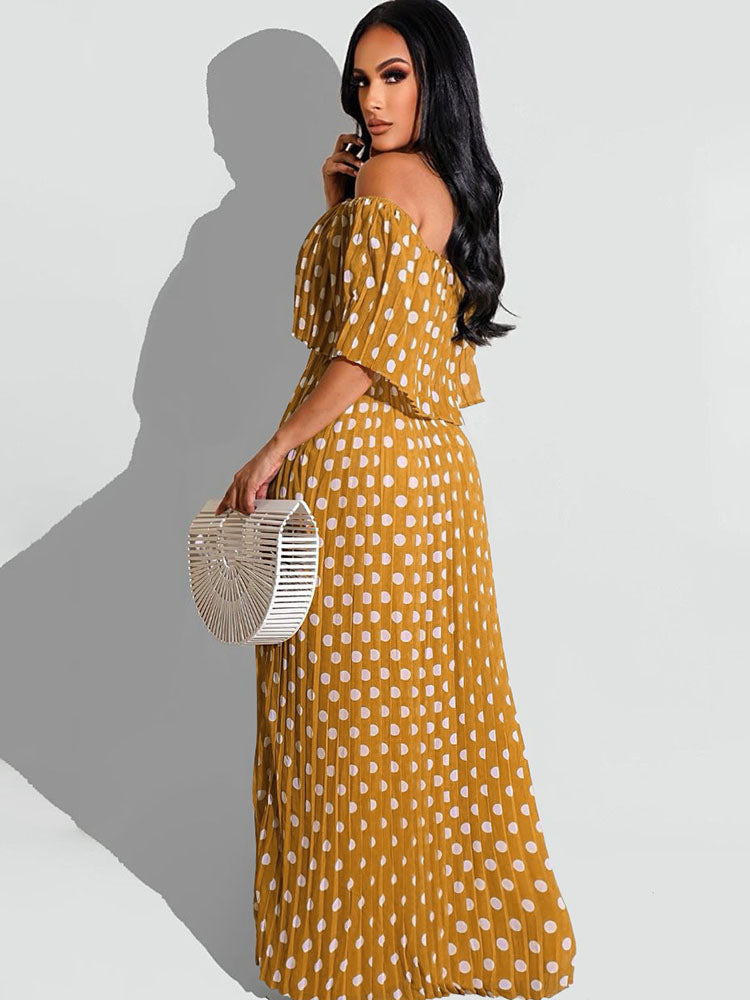Chiffon Off Shoulder Polka Dot Maxi Dress