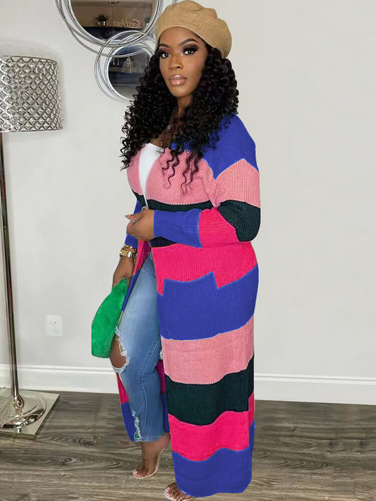 Knit Long Sleeve Color Block Bodycon Cardigan