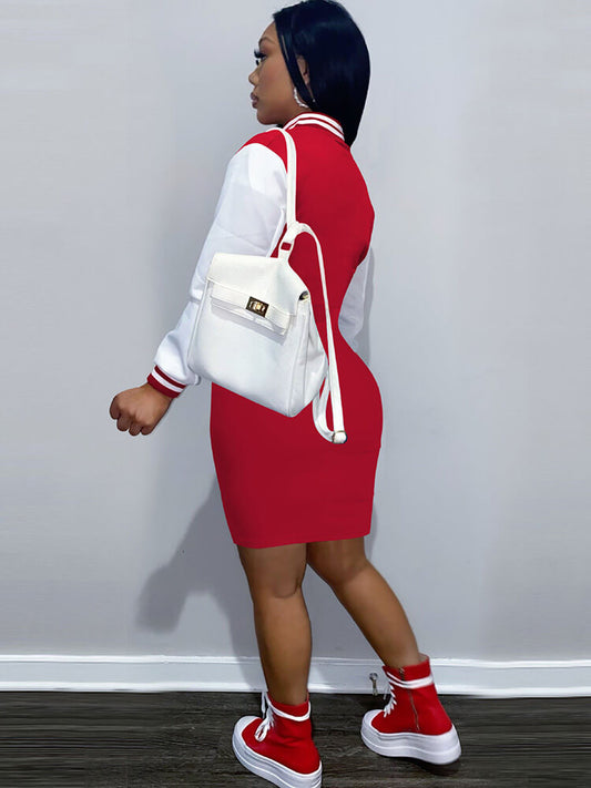 Long Sleeve Letter Print Baseball Mini Dress