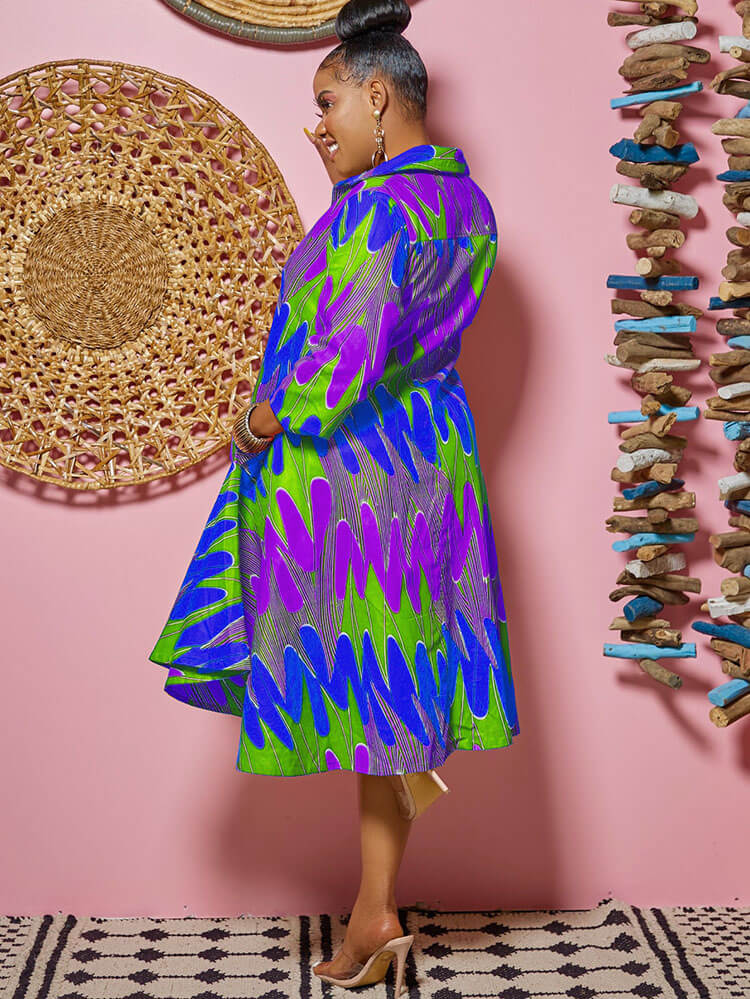 Long Sleeves Figure Print Midi Shirt Dress
