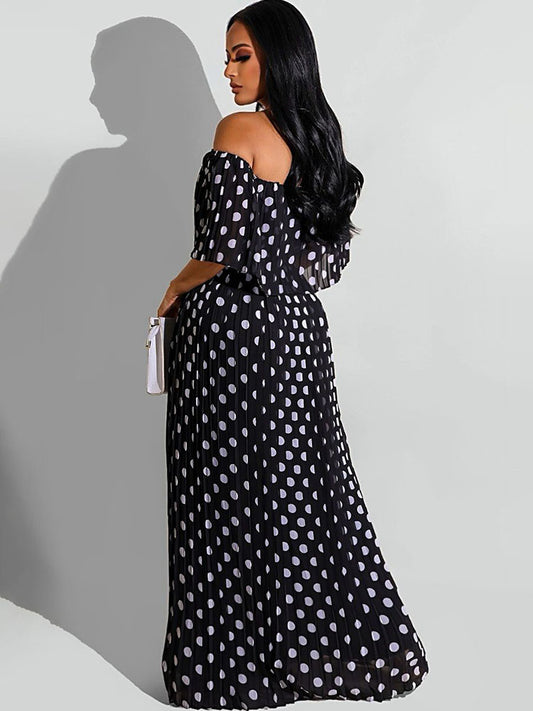 Chiffon Off Shoulder Polka Dot Maxi Dress