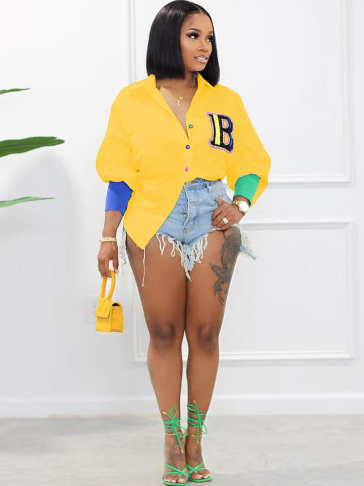 Long Sleeve Patchwork Button Blouse Top