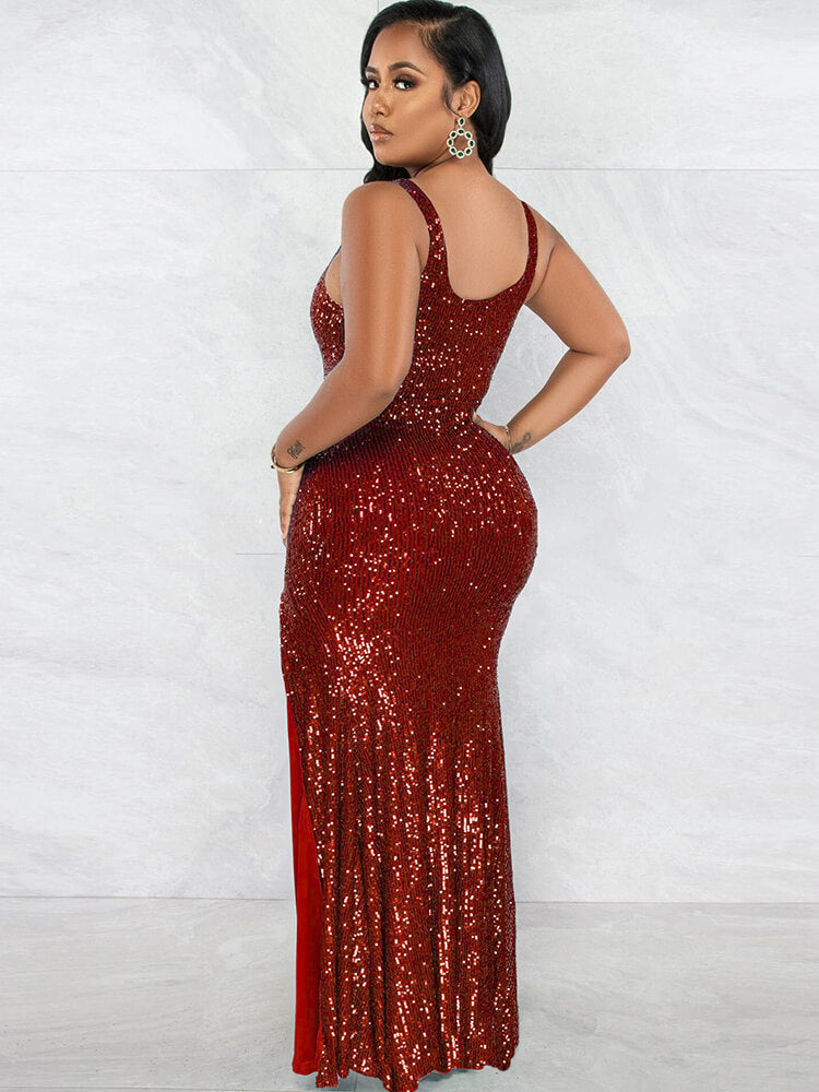 Sequin Sleevelesss Split Bodycon Maxi Dress