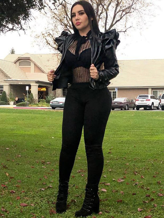 PU Leather Ruffle Long Sleeves Jacket