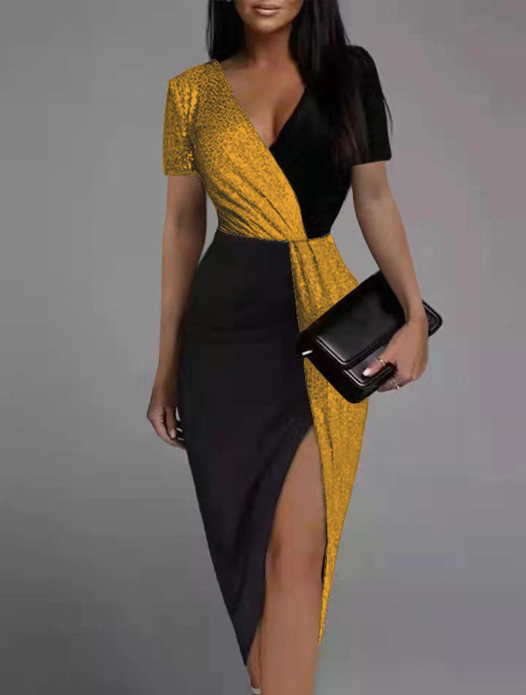 V Neck Wrap Slit Sparkly Midi Dress
