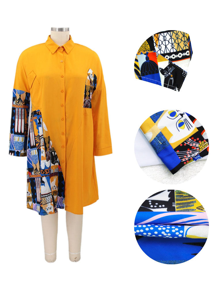 Plus Size Long Sleeve Loose Shirts Midi Dress