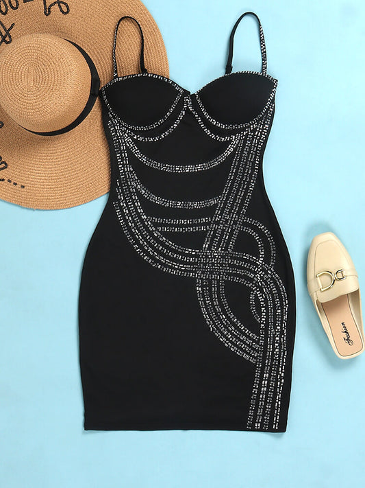 Spaghetti Strap Rhinestone Patchwork Mini Dress