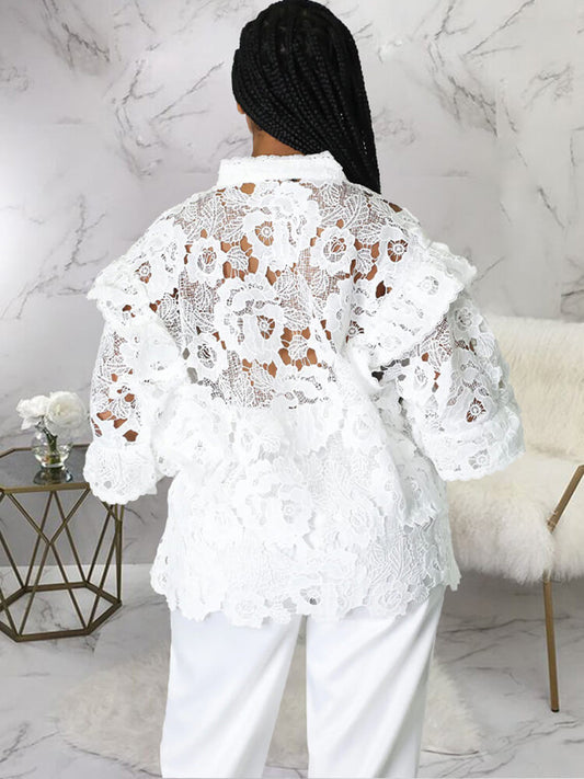 Lantern Sleeve Floral Hollow Out Top