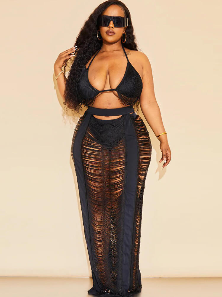 Tops con borlas de dos piezas y faldas largas ahuecadas