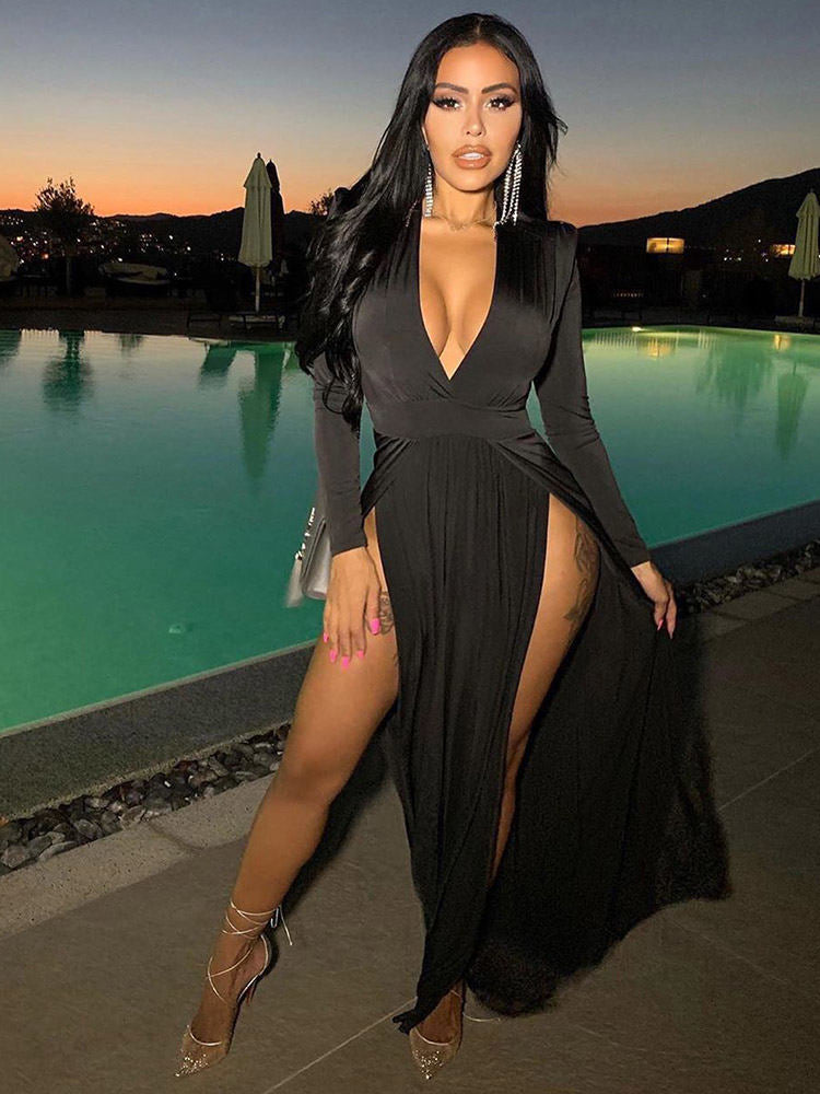 V Neck Solid Color Long Sleeve Slit Maxi Dress