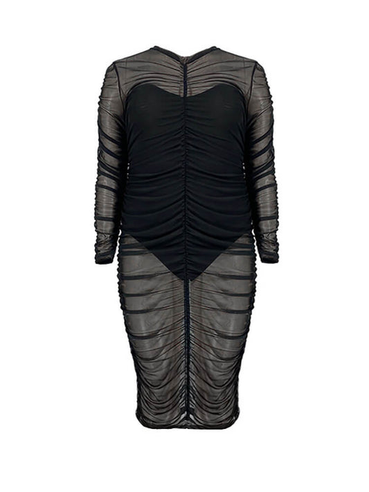 Plus Size Mesh Patchwork Long Sleeve Midi Dress