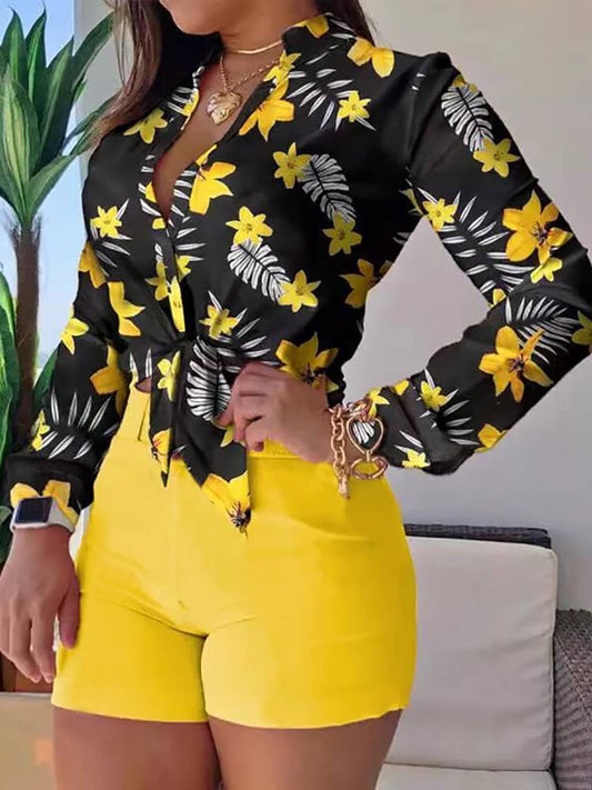 Two Piece Long Sleeve Shirt High Waist Shorts