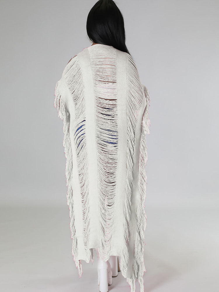 Knit Tassels Short Sleeves Long Cardigan