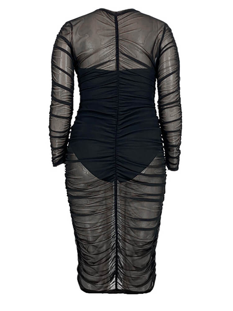 Plus Size Mesh Patchwork Long Sleeve Midi Dress