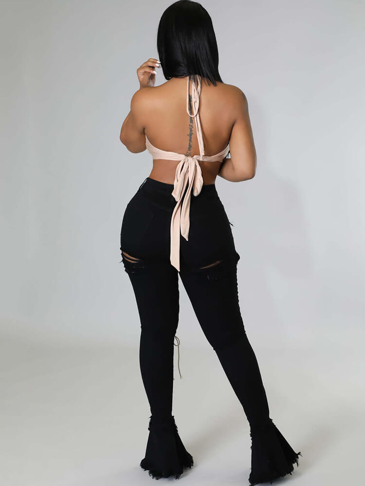 Vaqueros acampanados ajustados con roturas cruzadas y denim