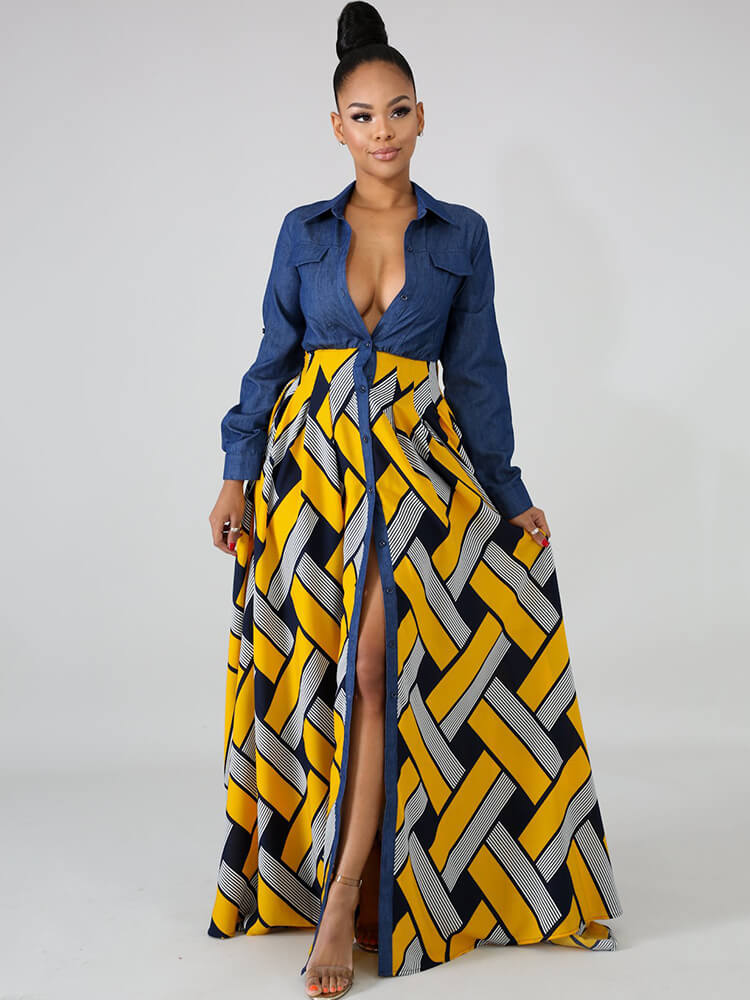 Denim Long Sleeve Plaid Patchwork Maxi Dress