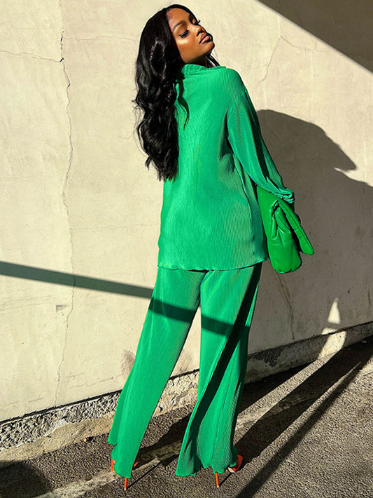 Two Piece Pleated Long Sleeve & Long Pants