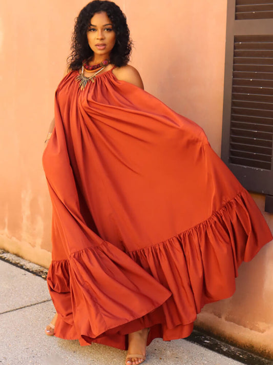 Plus Size Spaghetti Strap Ruffle Beach Maxi Swing Dress