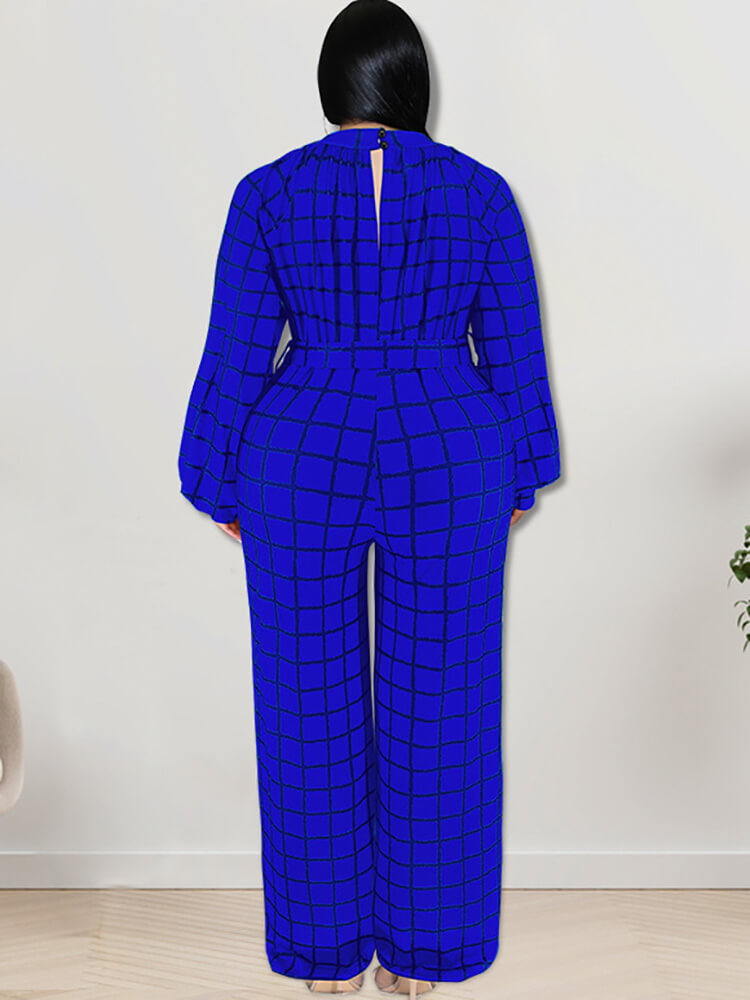Long Sleeve Plaid Print Wide Leg Jumpsuit