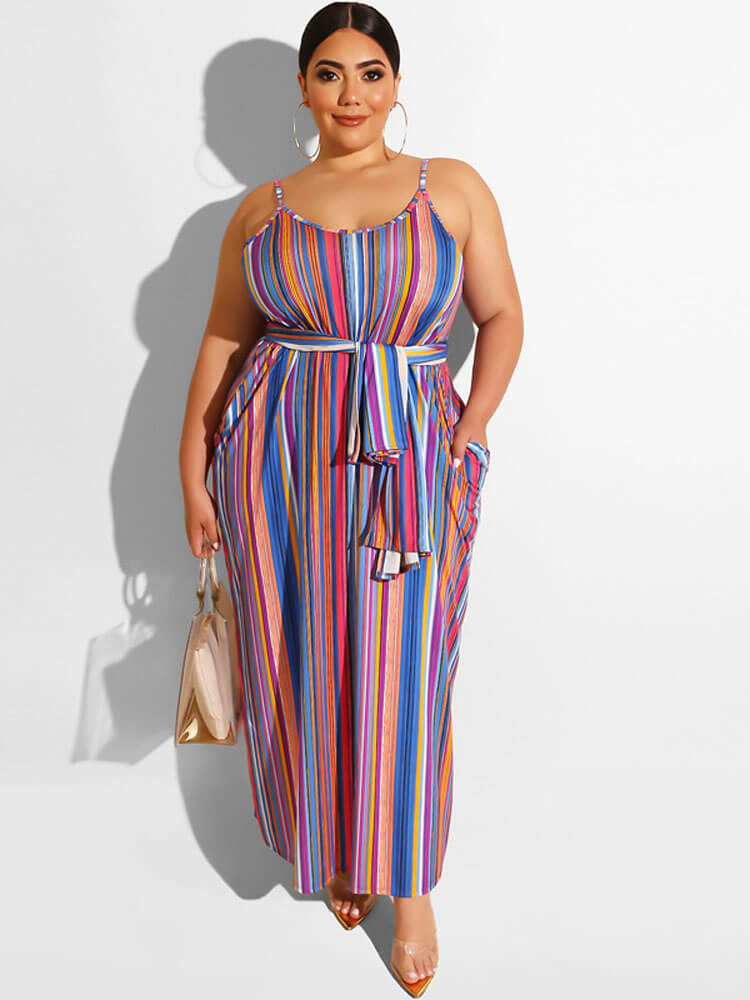 Plus Size Spaghetti Strap Striped Maxi Dress