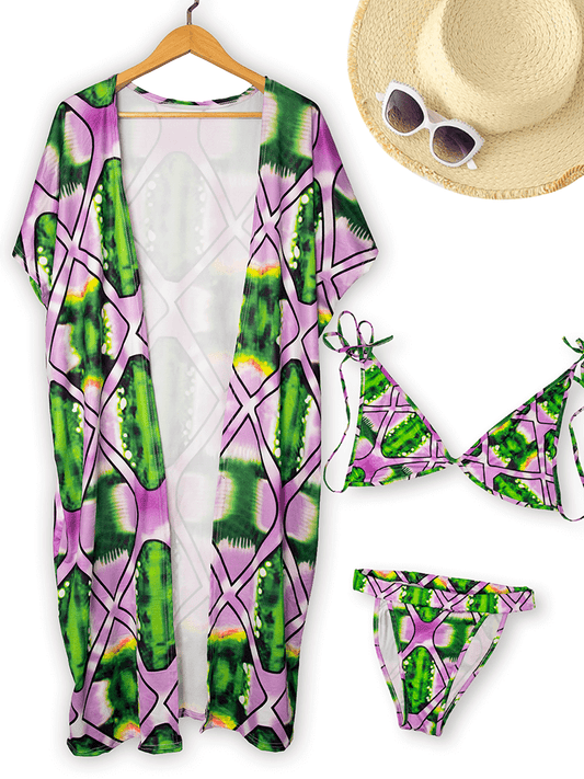 Top de bikini de hojas florales de 3 piezas+parte inferior de baño+cubierta