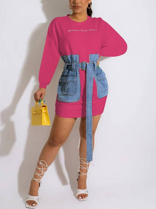 Letter Embroidery Lace-up Denim Dress