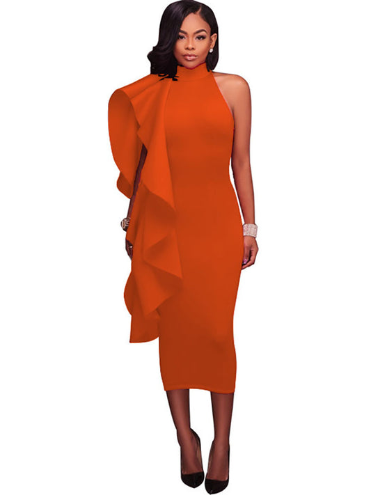 Mock Neck Sleeveless Ruffle Midi Dress