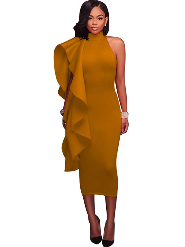 Vestidos midi con volantes y sin mangas con cuello simulado