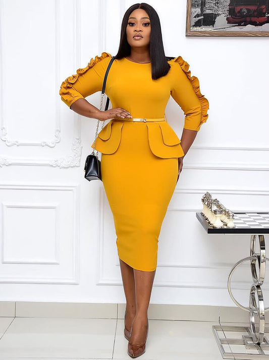Office Lady Ruffle Long Sleeve Peplum Waist Pencil Dress