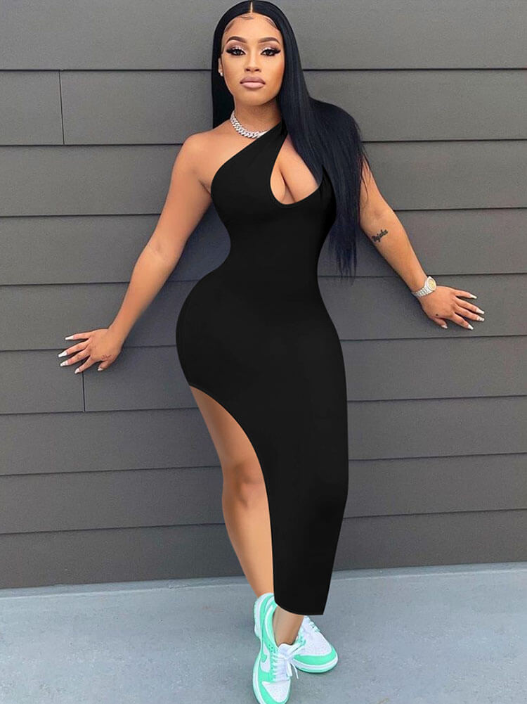 One Shoulder Sleeveless High Slit Midi Dress