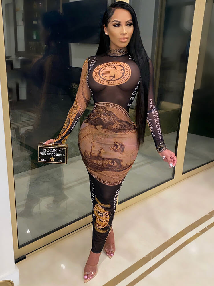 Sheer Mesh See Through Dollar Print Maxi Dress