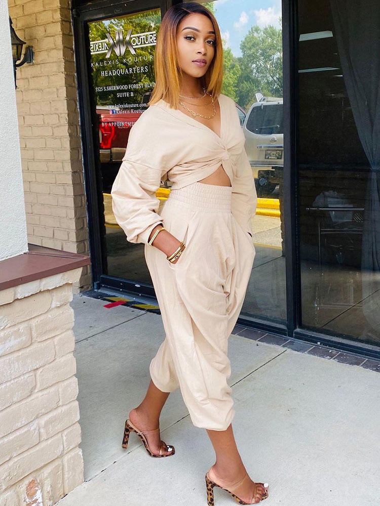 Tops cortos + pantalones con nudo y cuello en V de dos piezas